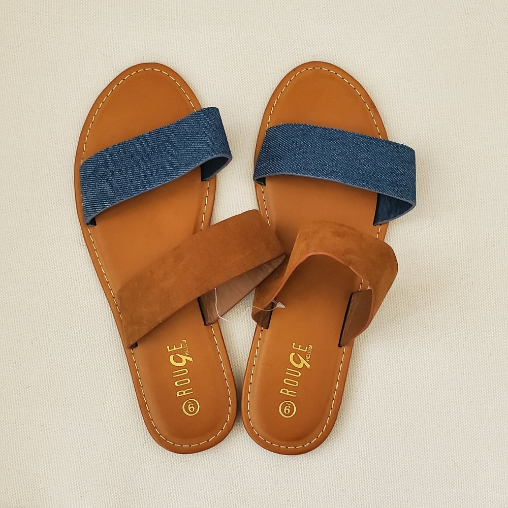 Size 9 Faux Denim and Suede Double Band Sandals